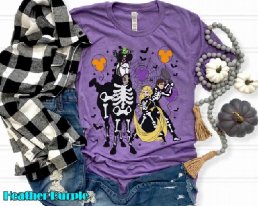 Disney Tangled Characters Skeleton Halloween Shirt, Rapunzel Princess and Flynn Rider, Pascal Maximus Tee, Mickey's Not So Scary Family Trip
