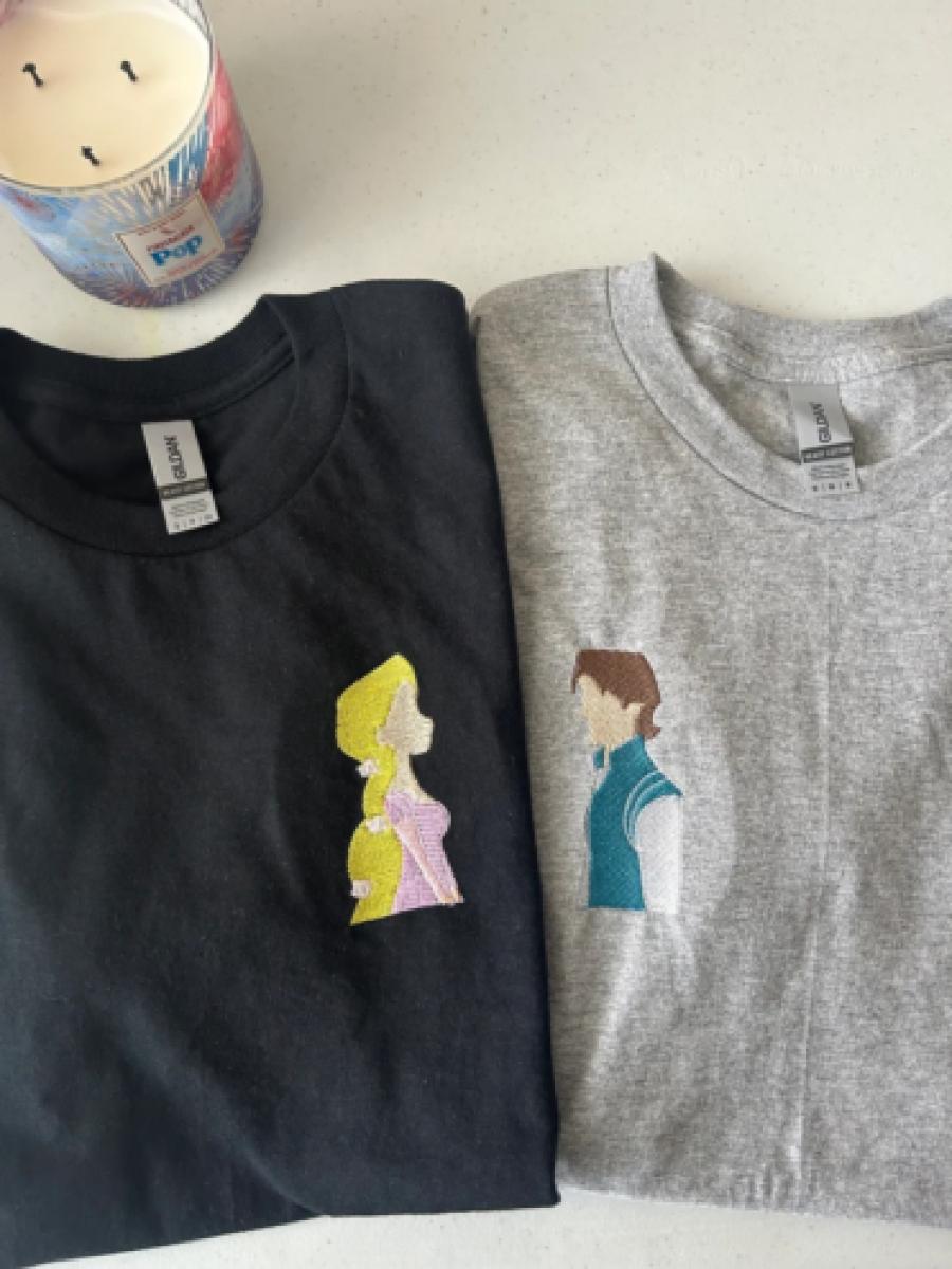 Rapunzel and Flynn Inspired Couple Embroidered T-shirt or Hoodie
