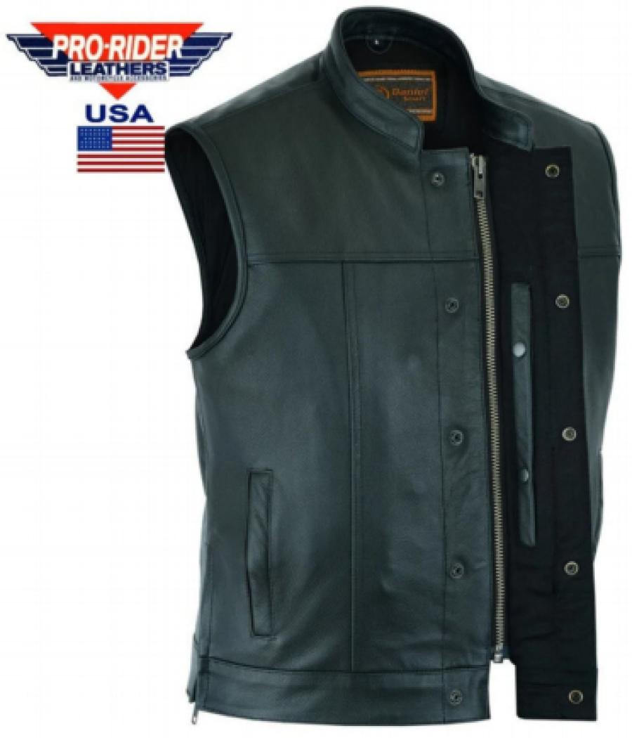Pro USA Men's Outlaw Leather Motorcycles Club Vest, Concealed carry Pockets, Single large panel, Laced sides, Snaps & Zipper closure