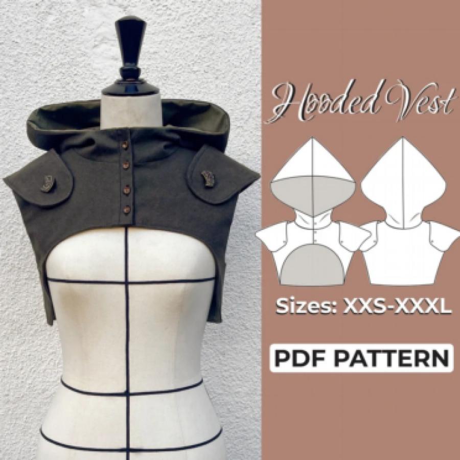 Hooded Half Vest Sewing Pattern, LARP Rogue Pattern, Medieval Villain Costume, A0, A4, US-Letter Pattern + Detailed Instruction, XXS - 3XL